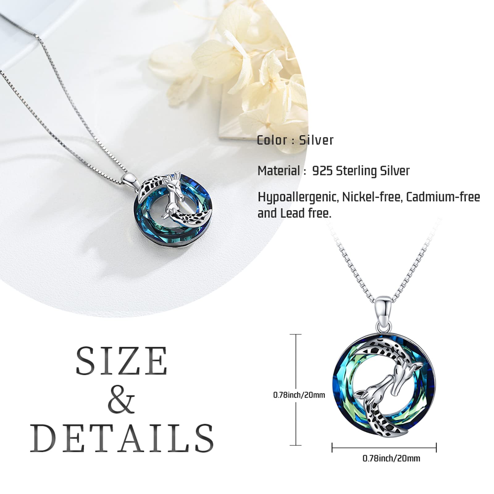 Midir&Etain Giraffe Necklace 925 Sterling Silver Animal Pendant Necklace with Circle Crystal Giraffe Jewelry Gifts for Women for St Patricks Day