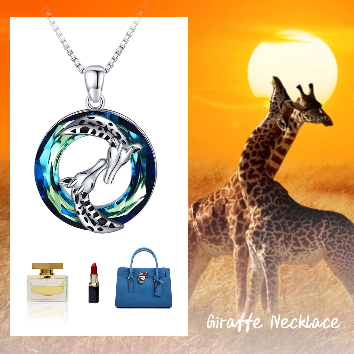 Midir&Etain Giraffe Necklace 925 Sterling Silver Animal Pendant Necklace with Circle Crystal Giraffe Jewelry Gifts for Women for St Patricks Day