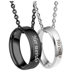 MJartoria Matching Necklaces for Couples-His and Her Engraved Ring Pendant Necklaces Anniversary Valentines Day Gifts for Boyfriends Girlfriends (Black+Silver, Her Weirdo His Crazy)