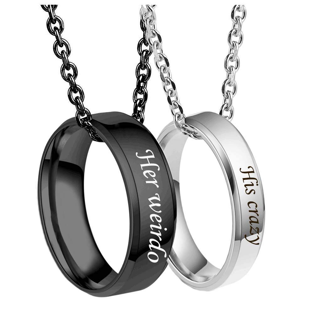 MJartoria Matching Necklaces for Couples-His and Her Engraved Ring Pendant Necklaces Anniversary Valentines Day Gifts for Boyfriends Girlfriends (Black+Silver, Her Weirdo His Crazy)