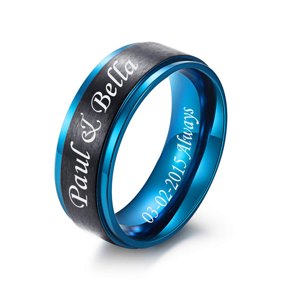 MZZJ Personalized Inside Her Weirdo & His Crazy Couple Ring Set 8MM Brushed Two-tone Black Blue Stainless Steel Step Edges Engagement Ring Wedding Band for Him Her,Anniversary Gift for Husband Wife