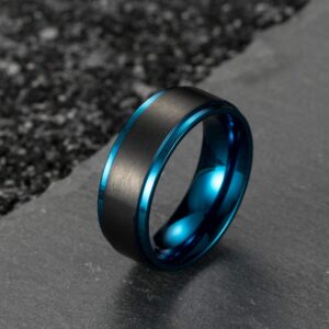 MZZJ Personalized Inside Her Weirdo & His Crazy Couple Ring Set 8MM Brushed Two-tone Black Blue Stainless Steel Step Edges Engagement Ring Wedding Band for Him Her,Anniversary Gift for Husband Wife