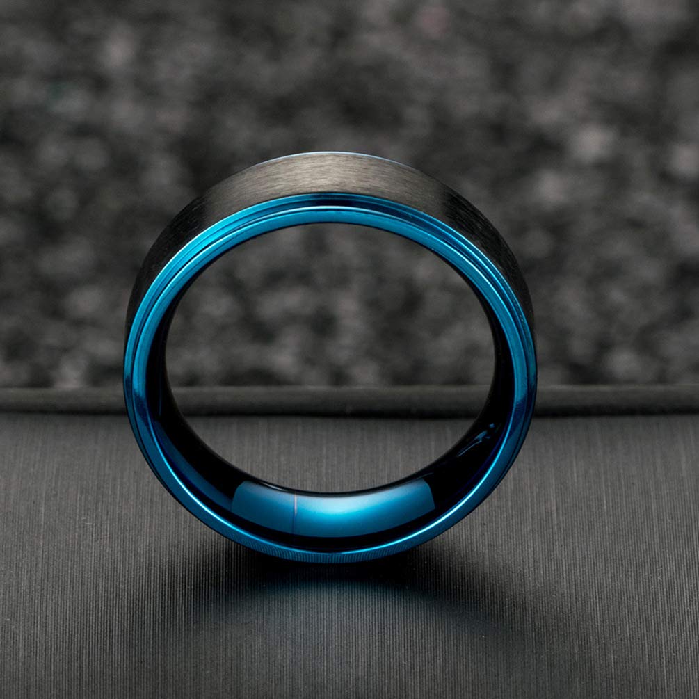 MZZJ Personalized Inside Her Weirdo & His Crazy Couple Ring Set 8MM Brushed Two-tone Black Blue Stainless Steel Step Edges Engagement Ring Wedding Band for Him Her,Anniversary Gift for Husband Wife