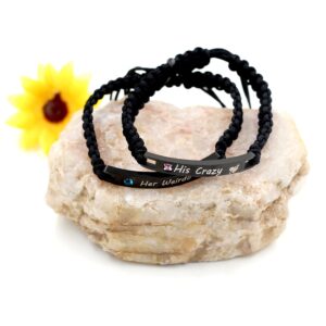 Uloveido 2pcs His Crazy Her Weirdo Bracelets Set for Couples Handmade Braided Black String Couples Bracelets for Boyfriend Girlfriend Men Women Birthday Valentine's Day Gift Y781