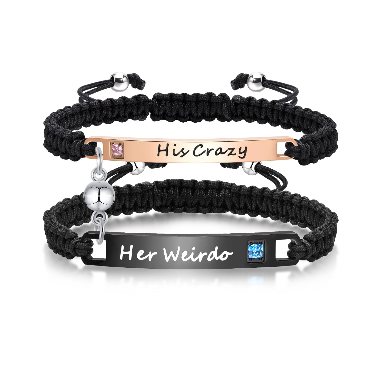 Personalized Custom His and Hers Handmade Rope Braided Nameplate ID Matching Couple Bracelets for Lover (Rosegolden-black-His Crazy & Her Weirdo-ball)