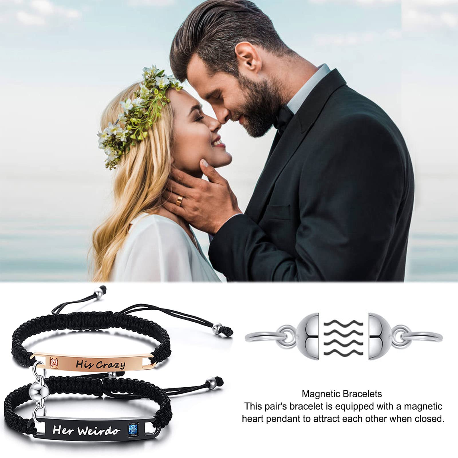 Personalized Custom His and Hers Handmade Rope Braided Nameplate ID Matching Couple Bracelets for Lover (Rosegolden-black-His Crazy & Her Weirdo-ball)