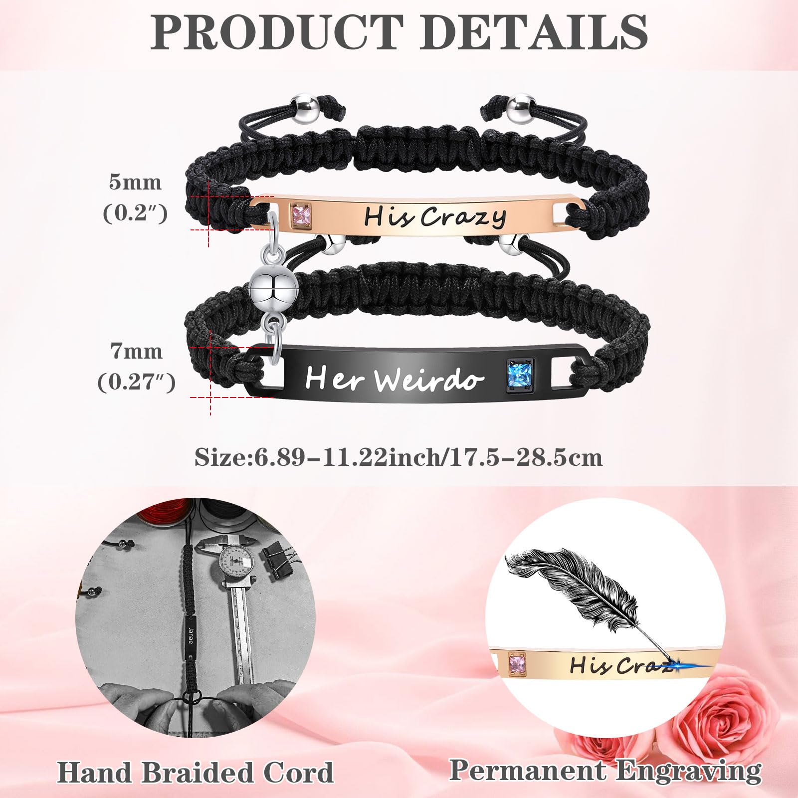 Personalized Custom His and Hers Handmade Rope Braided Nameplate ID Matching Couple Bracelets for Lover (Rosegolden-black-His Crazy & Her Weirdo-ball)