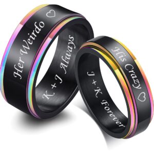 MZZJ Her Weirdo&His Crazy Couple Ring 8MM&6MM Black Polish 2 Tone Stainless Steel Rainbow Step Edge Spinner Rings for Wedding Band Engagement for Him Her,Birthday Gift for Boyfriend Girlfriend
