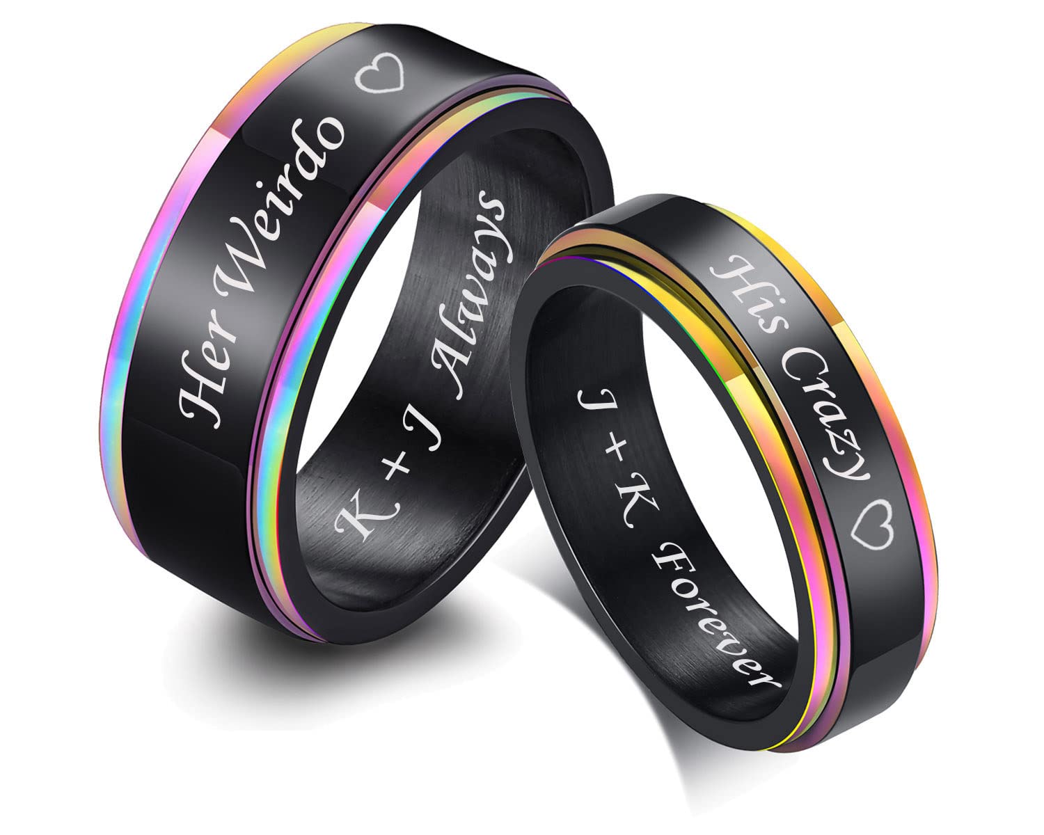 MZZJ Her Weirdo&His Crazy Couple Ring 8MM&6MM Black Polish 2 Tone Stainless Steel Rainbow Step Edge Spinner Rings for Wedding Band Engagement for Him Her,Birthday Gift for Boyfriend Girlfriend