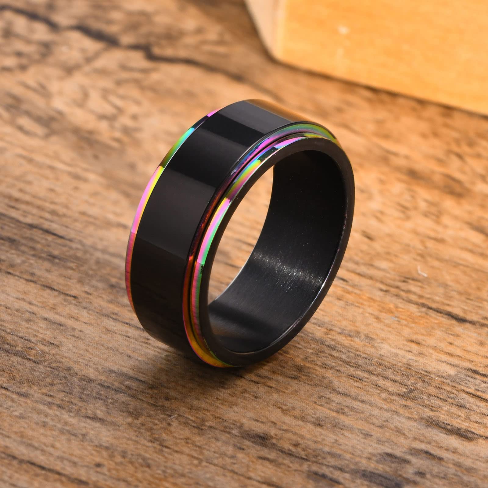 MZZJ Her Weirdo&His Crazy Couple Ring 8MM&6MM Black Polish 2 Tone Stainless Steel Rainbow Step Edge Spinner Rings for Wedding Band Engagement for Him Her,Birthday Gift for Boyfriend Girlfriend