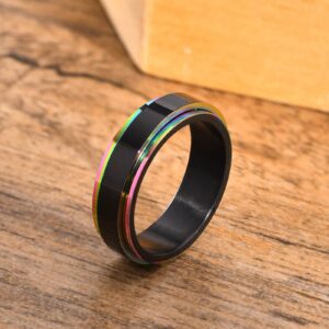 MZZJ Her Weirdo&His Crazy Couple Ring 8MM&6MM Black Polish 2 Tone Stainless Steel Rainbow Step Edge Spinner Rings for Wedding Band Engagement for Him Her,Birthday Gift for Boyfriend Girlfriend