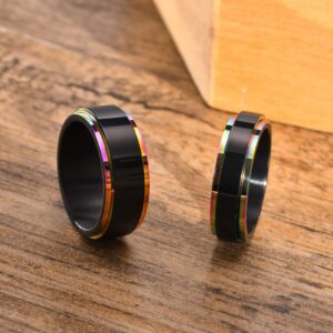 MZZJ Her Weirdo&His Crazy Couple Ring 8MM&6MM Black Polish 2 Tone Stainless Steel Rainbow Step Edge Spinner Rings for Wedding Band Engagement for Him Her,Birthday Gift for Boyfriend Girlfriend