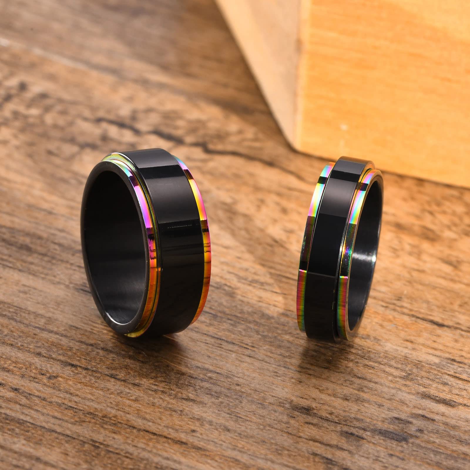 MZZJ Her Weirdo&His Crazy Couple Ring 8MM&6MM Black Polish 2 Tone Stainless Steel Rainbow Step Edge Spinner Rings for Wedding Band Engagement for Him Her,Birthday Gift for Boyfriend Girlfriend