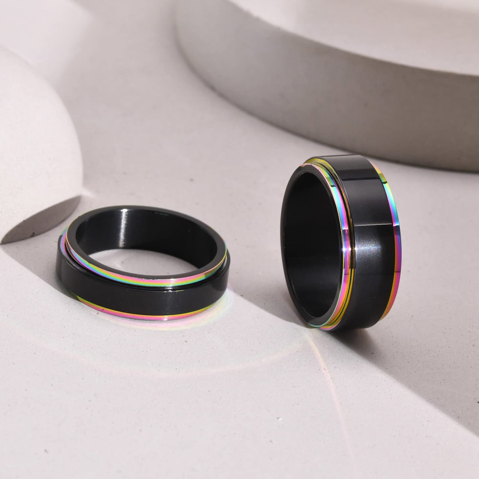 MZZJ Her Weirdo&His Crazy Couple Ring 8MM&6MM Black Polish 2 Tone Stainless Steel Rainbow Step Edge Spinner Rings for Wedding Band Engagement for Him Her,Birthday Gift for Boyfriend Girlfriend