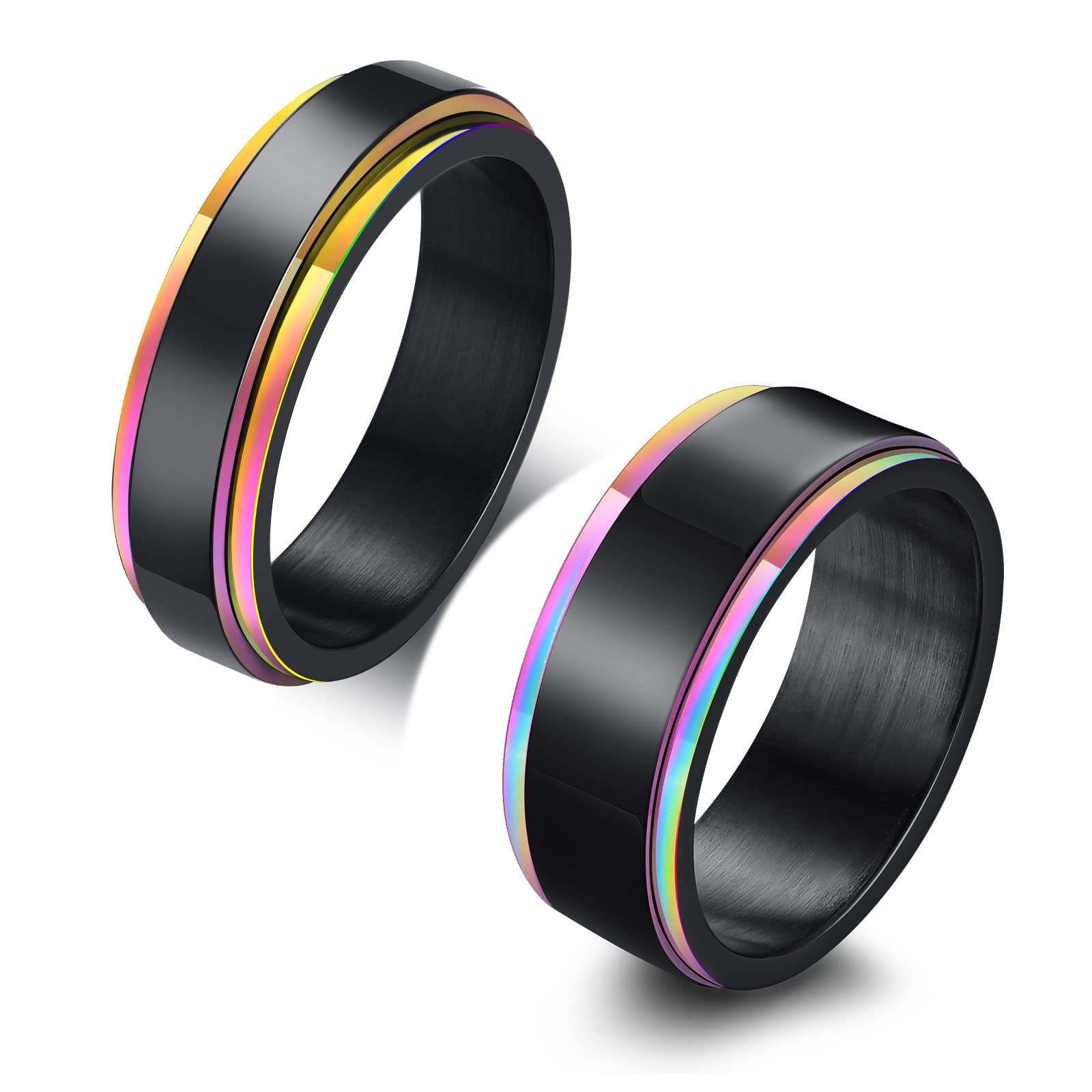 MZZJ Her Weirdo&His Crazy Couple Ring 8MM&6MM Black Polish 2 Tone Stainless Steel Rainbow Step Edge Spinner Rings for Wedding Band Engagement for Him Her,Birthday Gift for Boyfriend Girlfriend