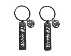 qingduo weirdo #1&weirdo #2 couples keychain stainless steel minimalist high polish couples name pendant keychain his her matching keychain relationship engagement promise gifts for women men,black