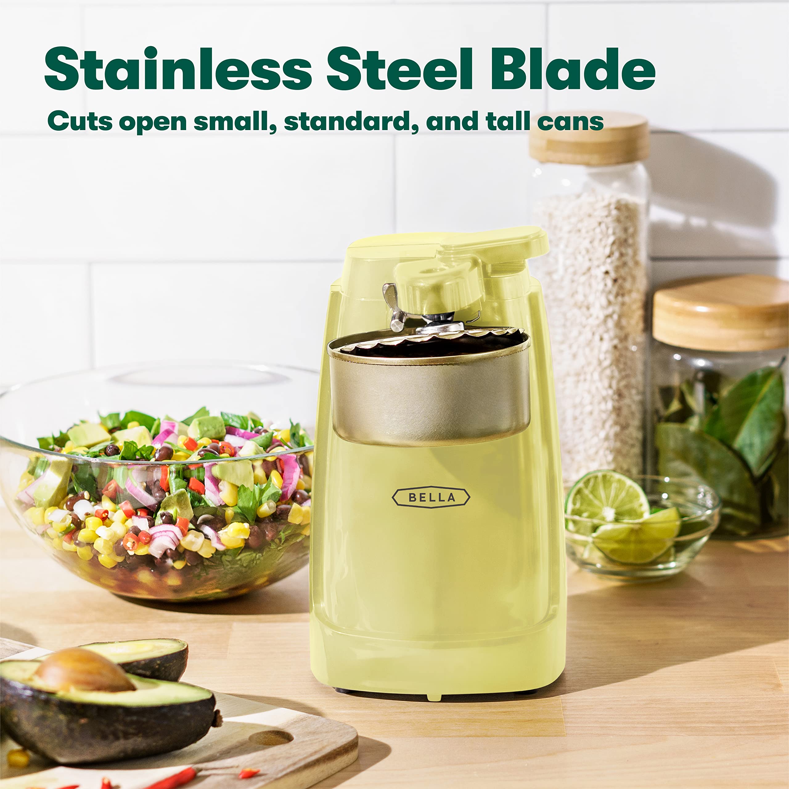 BELLA Electric Can Opener and Knife Sharpener, Multifunctional Jar and Bottle Opener with Removable Cutting Lever and Cord Storage, Stainless Steel Blade, Yellow