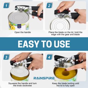 Rainspire Can Opener Manual Handheld Strong Manual Can Opener Smooth Edge Cut, Can Opener Heavy Duty, Comfortable Soft Handle, Built-in Bottle Opener, Black