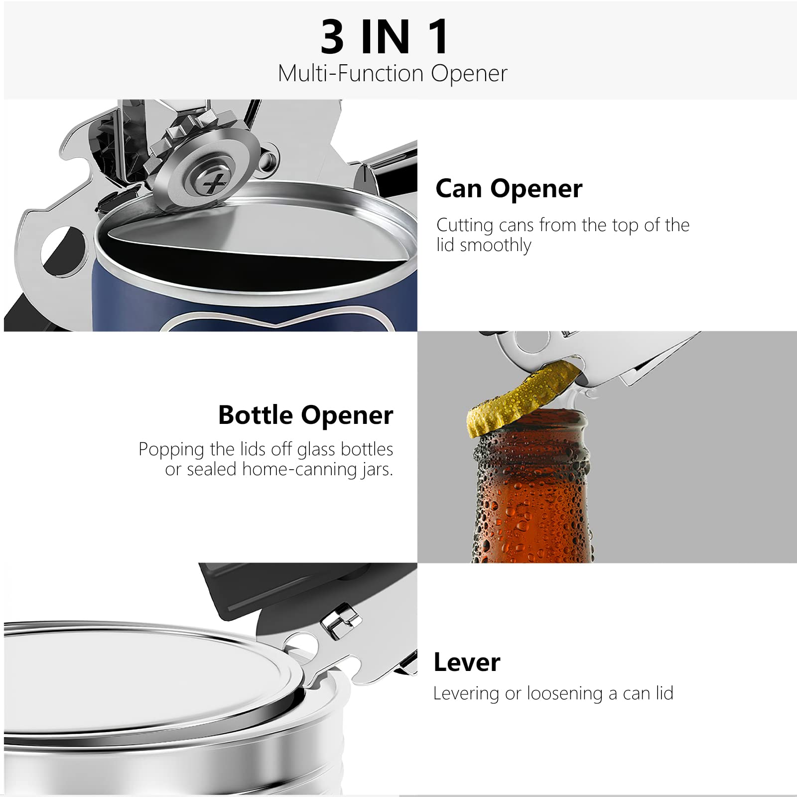 Can Opener,Professional 3-In-1 Multifunctional Manual Can Openers Bottle Opener,Kitchen Durable Stainless Steel Heavy Duty Can Opener Smooth Edge for Kitchen Seniors Friendly