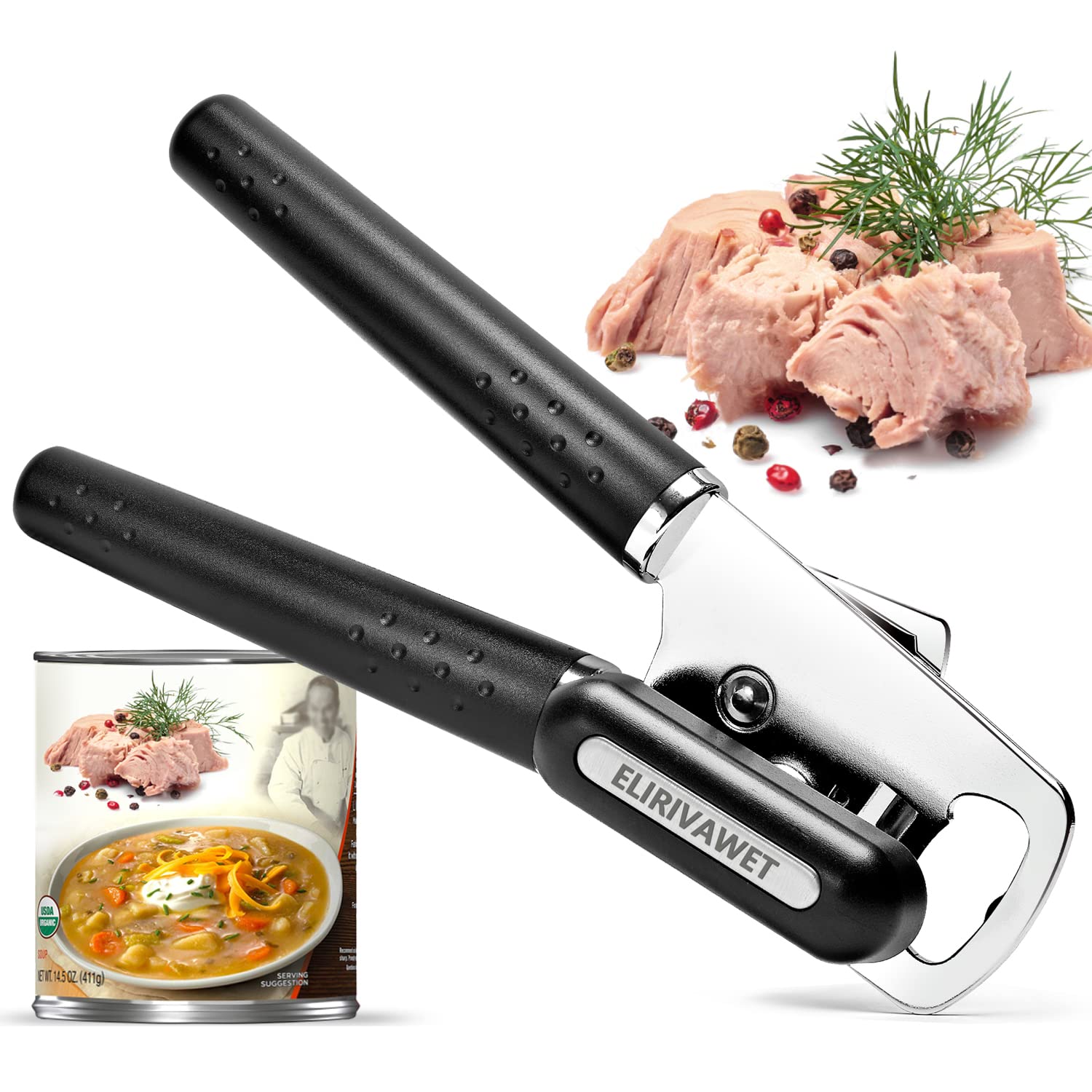 Can Opener Manual Heavy Duty Handheld Can Opener Smooth Edge Comfortable Grip Safety Can Openers, Sharp Cutting Wheel, Oversized Easy Turn Knob, Built-in Bottle Opener