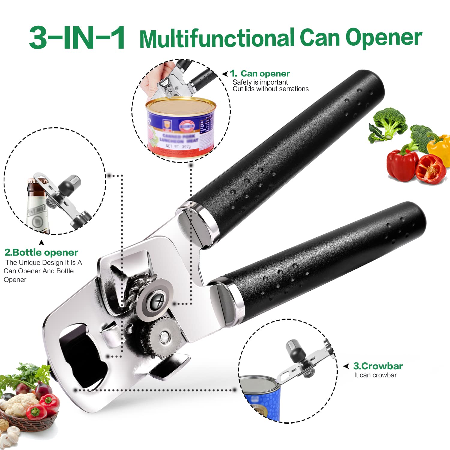 Can Opener Manual Heavy Duty Handheld Can Opener Smooth Edge Comfortable Grip Safety Can Openers, Sharp Cutting Wheel, Oversized Easy Turn Knob, Built-in Bottle Opener