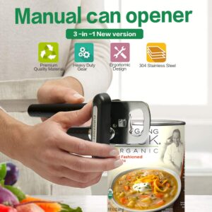 Can Opener Manual Heavy Duty Handheld Can Opener Smooth Edge Comfortable Grip Safety Can Openers, Sharp Cutting Wheel, Oversized Easy Turn Knob, Built-in Bottle Opener