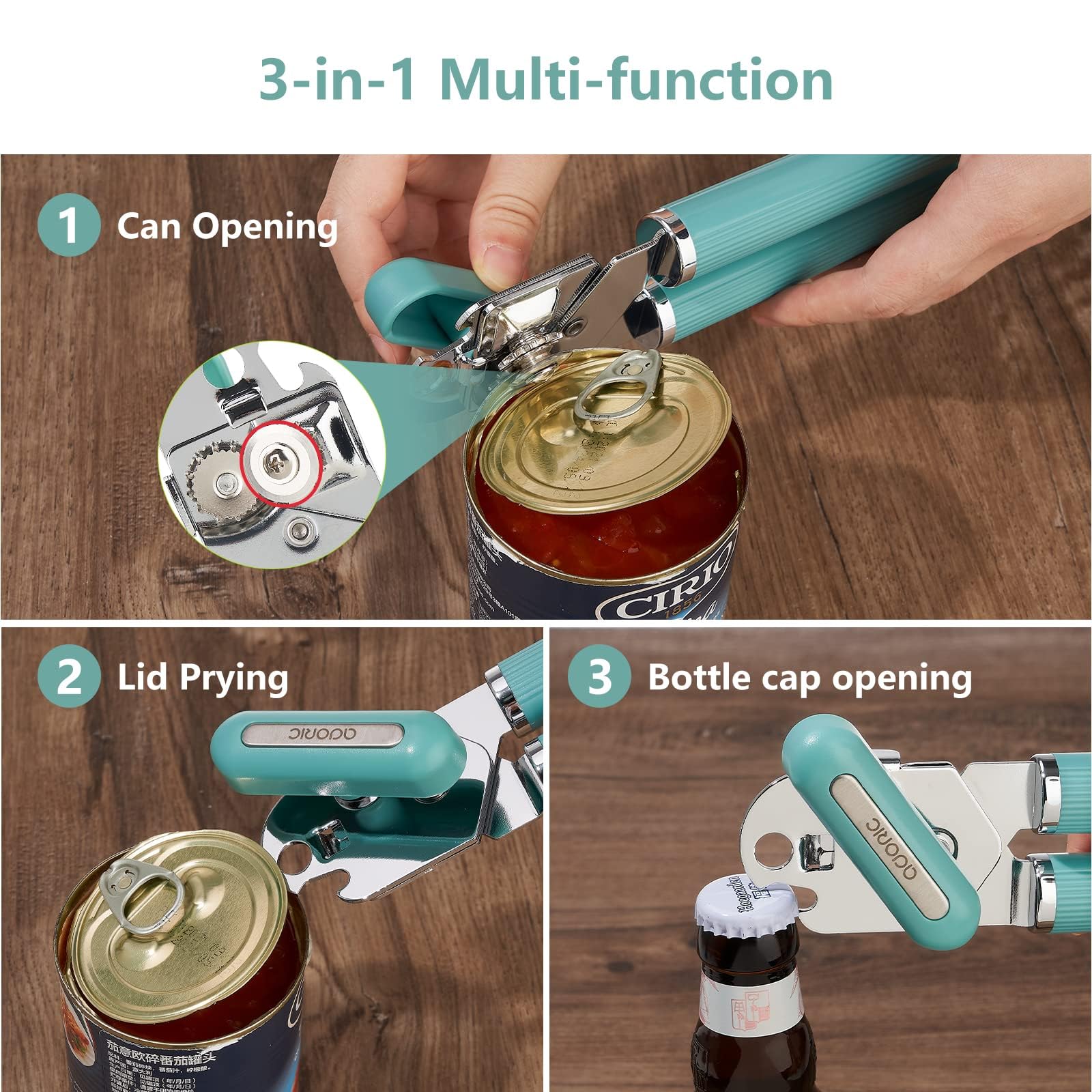 Manual Can Opener, Stainless Steel Can Opener, Food-Safe, Multifunction Tin Lids Jar Bottle Caps Openers with Non-Slip Handle & Large Knobe, Smooth Edge, Ultra Sharp Cutting for Seniors with Arthritis
