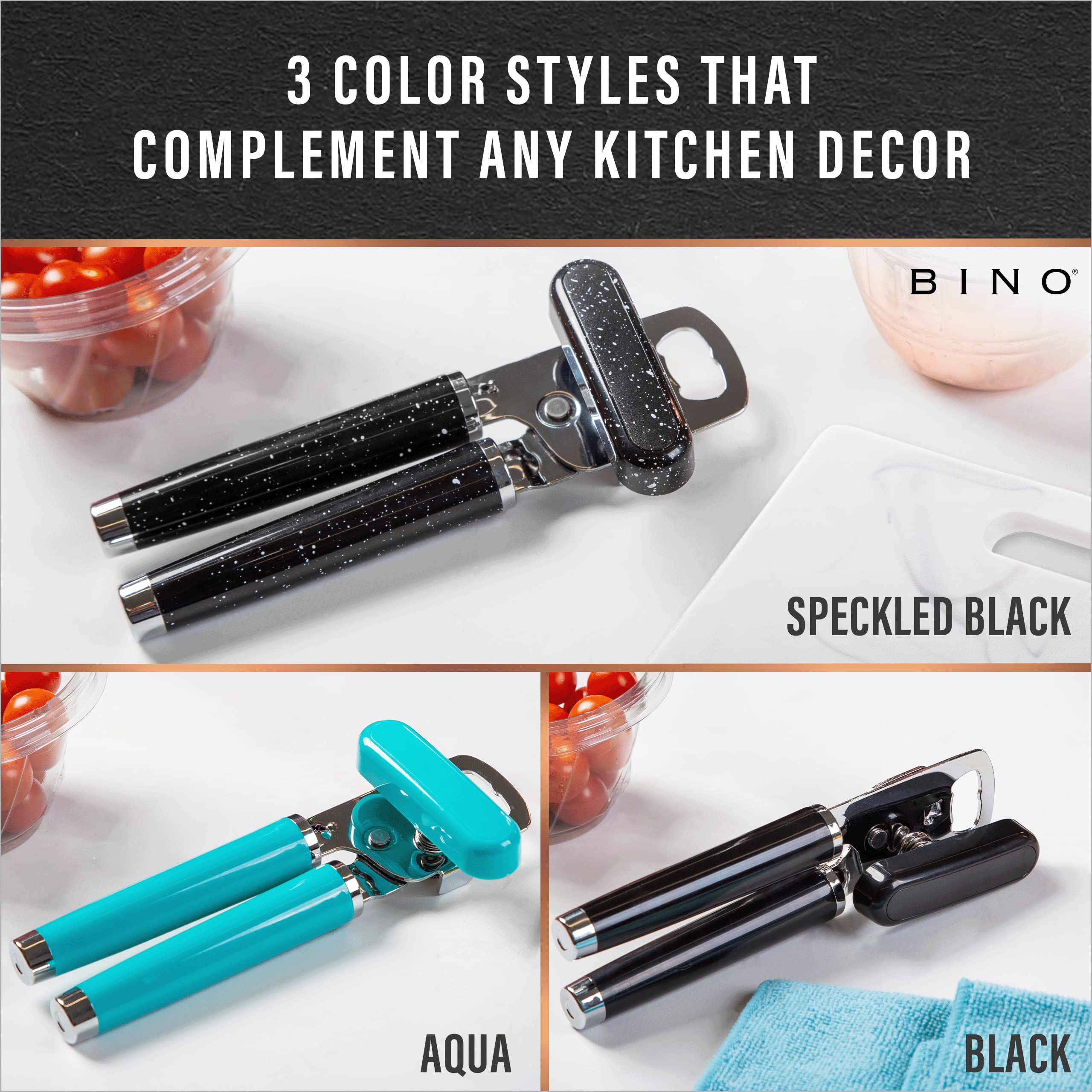 BINO Stainless Steel Can Opener - Speckled Black | Bottle Opener Manual | HandHeld Can Opener | Utility Can Opener | Can Opener with Sharp Blades Smooth Edge | Hand Can Opener | Kitchen Accessories