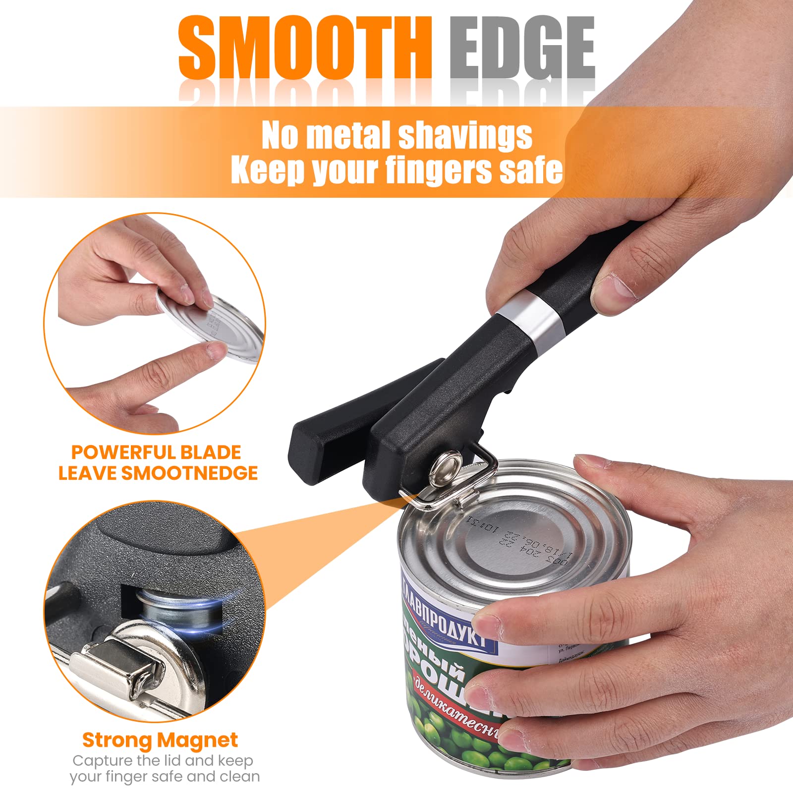 2 in 1 Safety Can Opener Manual Smooth Edge & Bottle Opener, No-Trouble-Lid-Lift Manual Can Opener with Magnet, Large Rubber Handle & Stainless Steel Blade, Side Cut Hand Can Opener for Kitchen