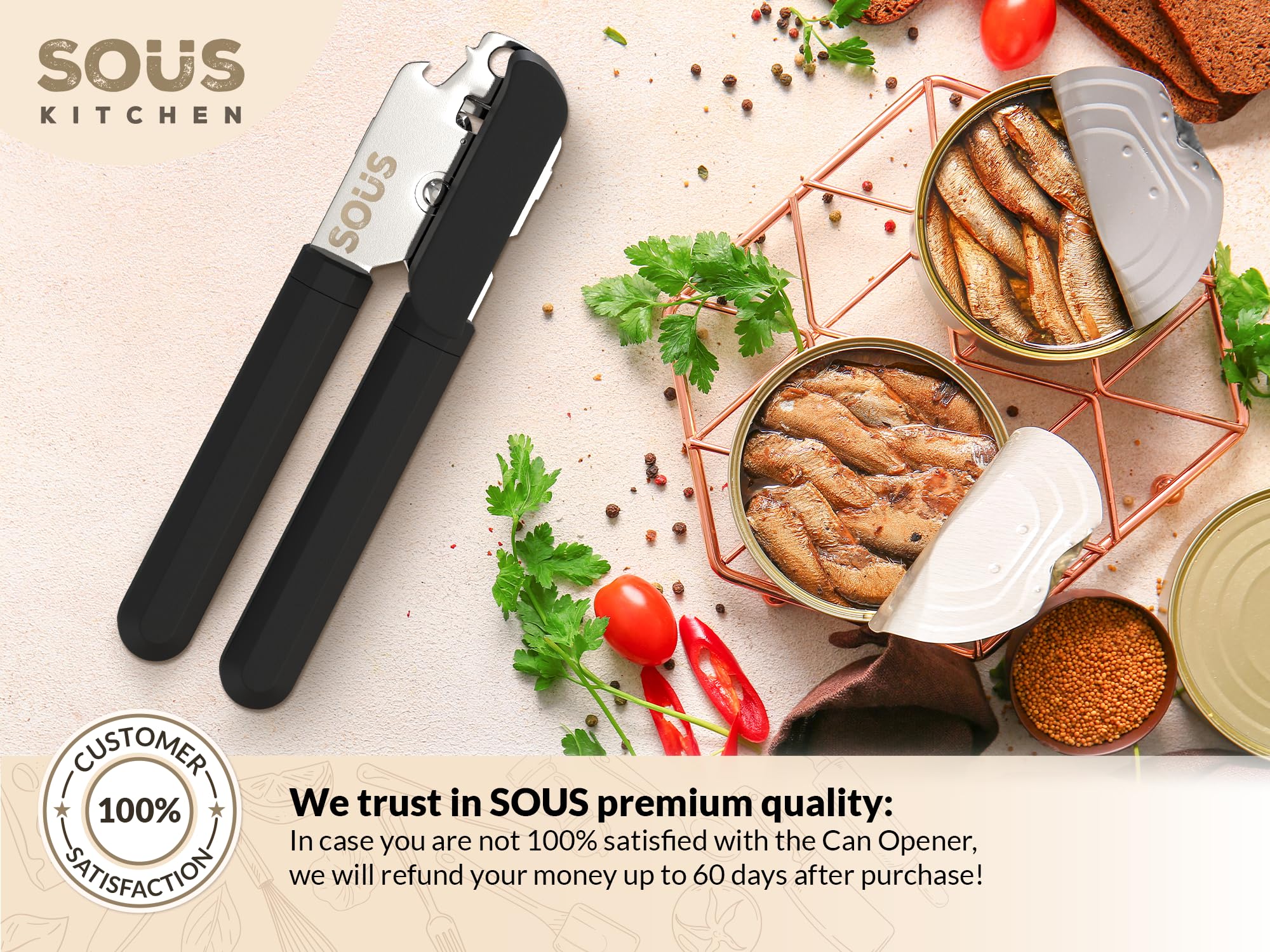 Sous Kitchen Heavy Duty Can Opener - Manual Can Openers With Premium Quality Razor Sharp Blades - Hand Can Opener Manual - Can Opener Heavy Duty For Everyday Use - Hand Held Can Openers For Kitchen