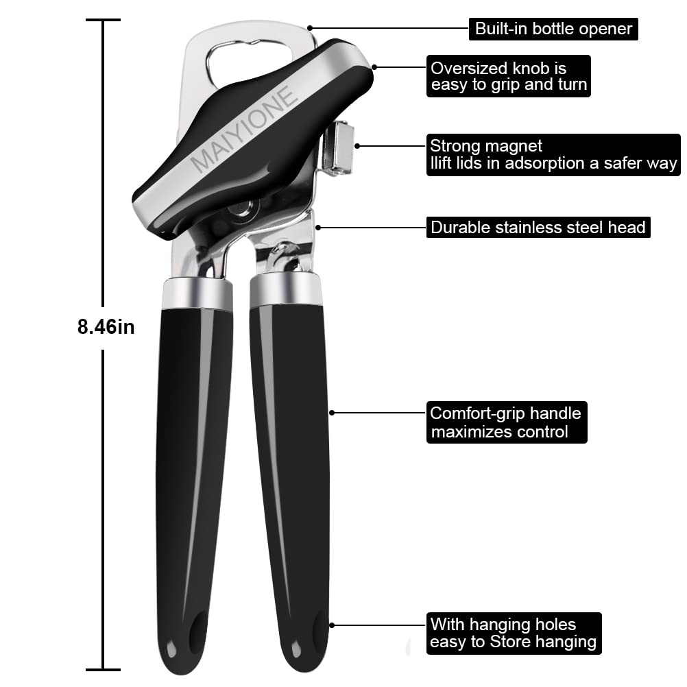 MAIYIONE - Can Opener Manual, Safe Cut Can Opener handheld, No-Trouble-Lid-Lift Can Opener with Magnet, Built in Bottle Opener, Stainless Steel Sharp Blade, Heavy Duty and Easy to Use Large Turn Knob