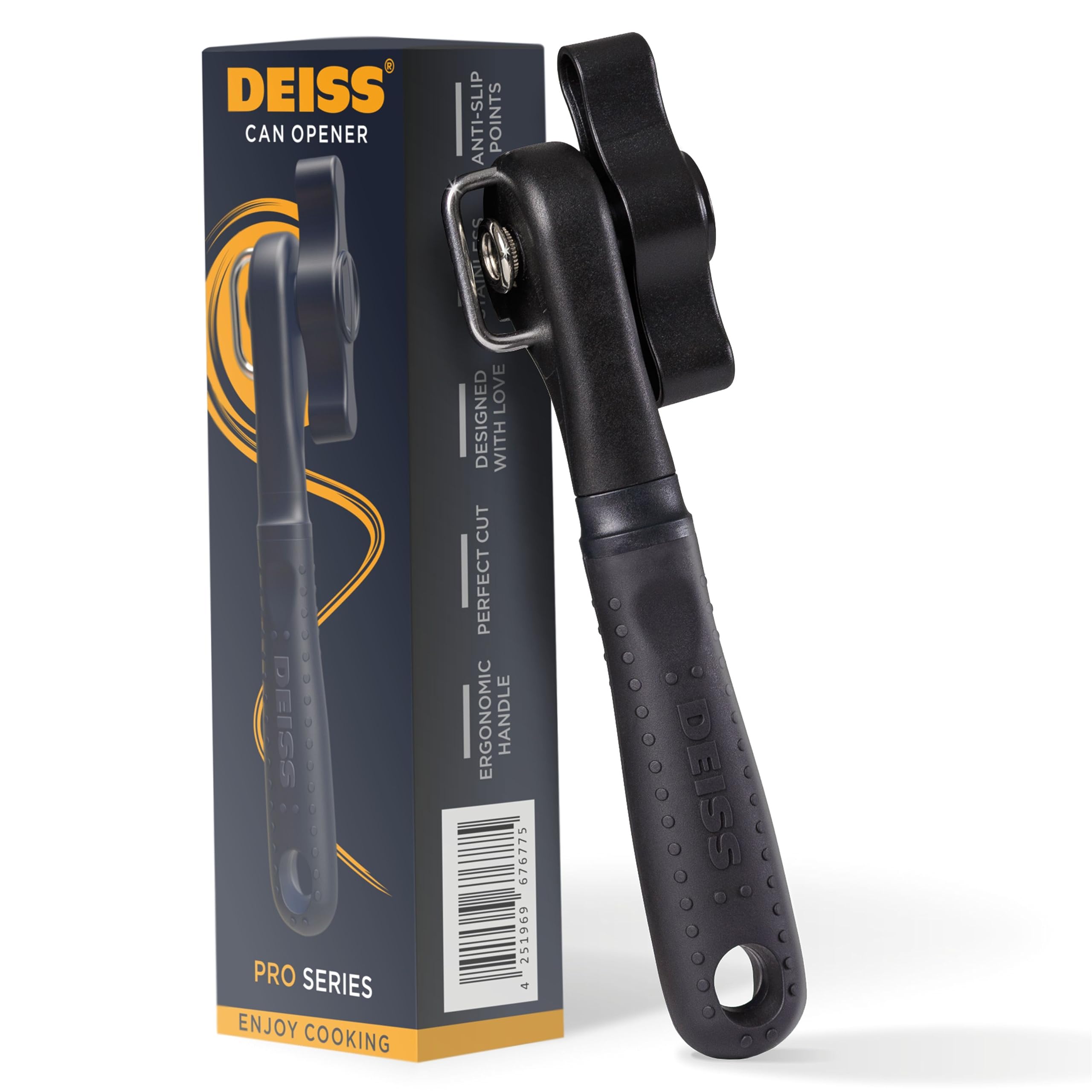 Deiss Pro Heavy Duty Can Opener Manual Smooth Edge, Handheld Can Opener With Soft Touch Handle, Rust Proof Safety Can Opener Oversized Handheld Easy Turn Knob, Best Large Lid Openers (BLACK)