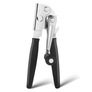 1 pack commercial can opener manual heavy duty, stainless steel handheld can opener with folding easy crank handle, smooth edge, black swing grips, for #10 bulk cans and all size cans, large cans