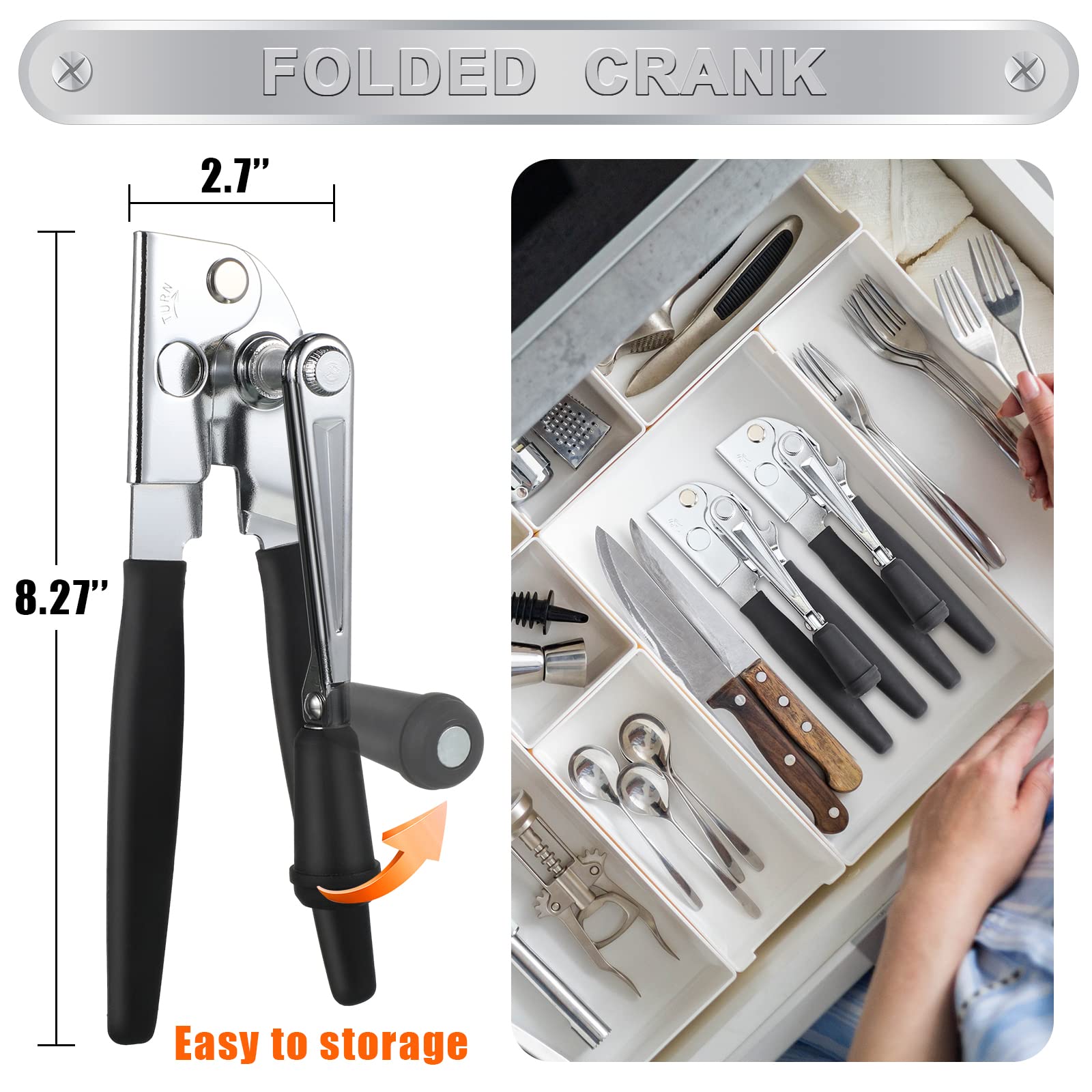 1 Pack Commercial Can Opener Manual Heavy Duty, Stainless Steel Handheld Can Opener with Folding Easy Crank Handle, Smooth Edge, Black Swing Grips, for #10 Bulk Cans and All Size Cans, Large Cans