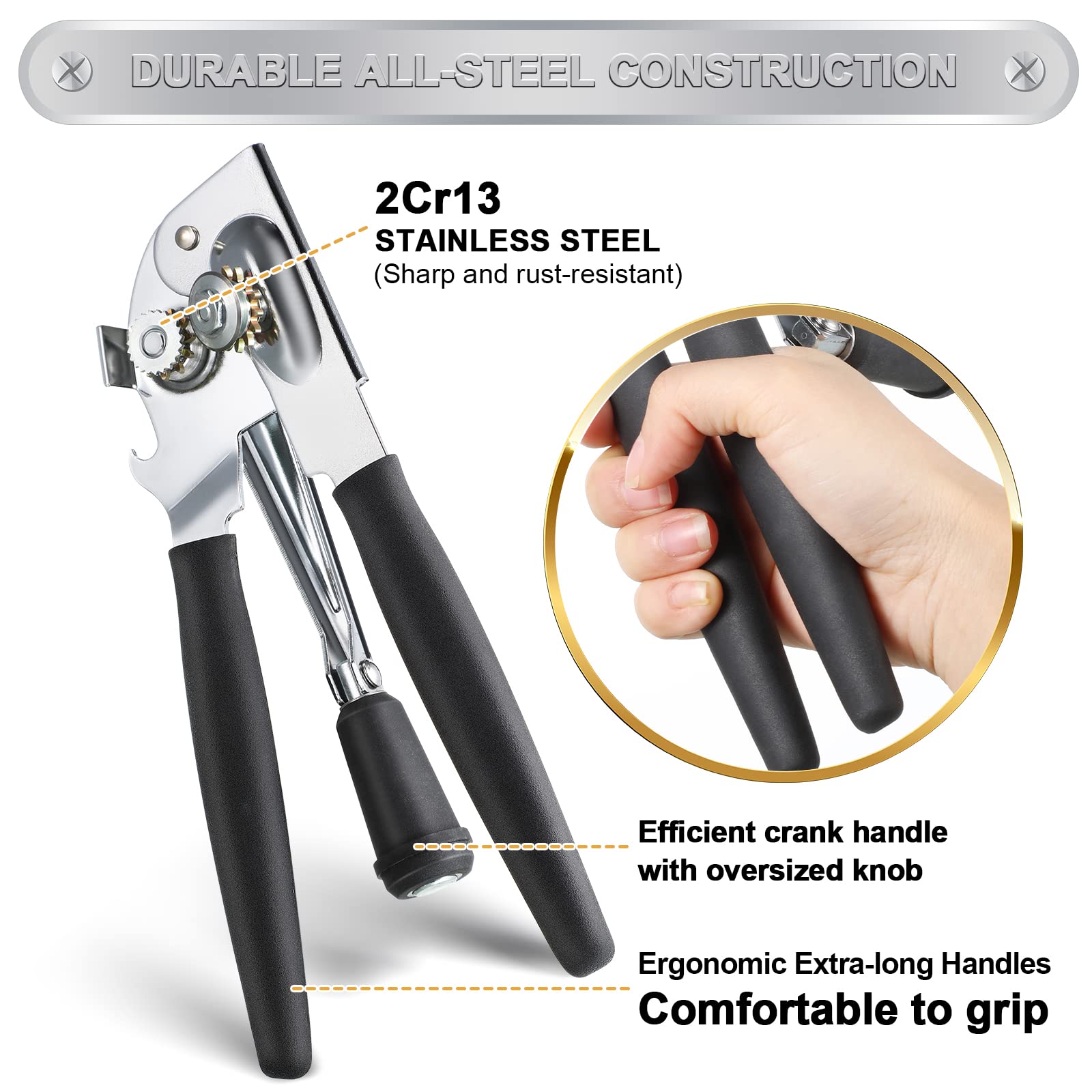 1 Pack Commercial Can Opener Manual Heavy Duty, Stainless Steel Handheld Can Opener with Folding Easy Crank Handle, Smooth Edge, Black Swing Grips, for #10 Bulk Cans and All Size Cans, Large Cans