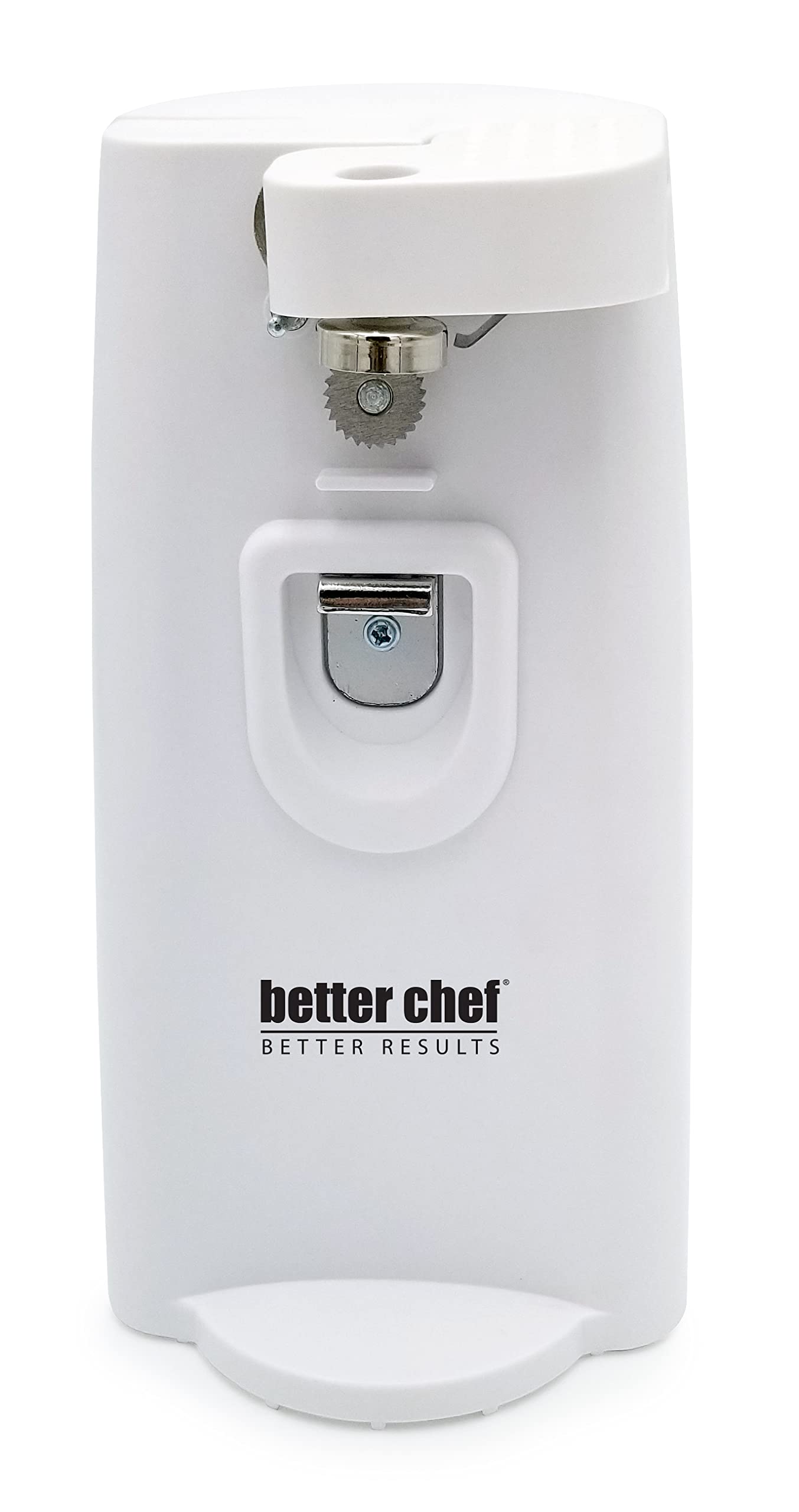 Better Chef Electric Tall Can Opener | 3-in-1 | Built in Knife Sharpener & Bottle Opener | Cord Storage | Auto-Stop (White)