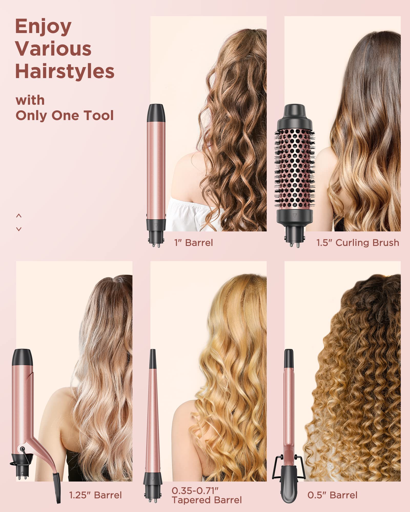 Wavytalk 5 in 1 Curling Iron Set with Curling Brush and 4 Interchangeable Ceramic Curling Wand (0.35"-1.25”), Instant Heat Up, Dual Voltage Hair Curler