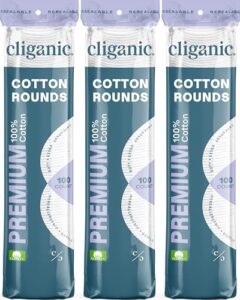 cliganic premium cotton rounds for face (300 count) - makeup remover pads, hypoallergenic, lint-free | 100% pure cotton (packaging may vary)