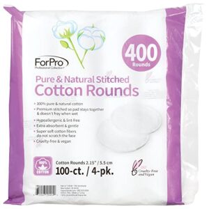 ForPro Professional Collection Pure & Natural Stitched Cotton Rounds for Face, 100% Pure Cotton Makeup Remover Pads, Hypoallergenic, Lint-Free, Vegan & Cruelty-Free, Pack of 4-100 Cotton Pads