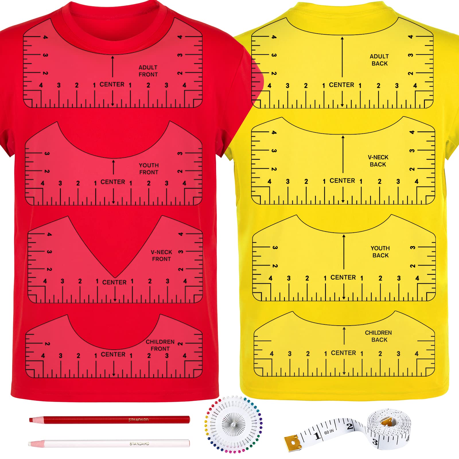 12pcs Tshirt Ruler Guide for Vinyl Alignment, T Shirt Rulers to Center Designs, PVC Measurement Template, Craft Sewing Supplies Accessories Tools for Cricut Heat Press & Cameo & HTV Transfer Vinyl