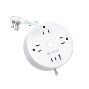 trond travel power strip - retractable extension cord 5ft ultra thin flat plug, retractable power strip with 3 ac outlets 3 usb ports (2 usb c), cruise ship essentials, for home hotel dorm room, white