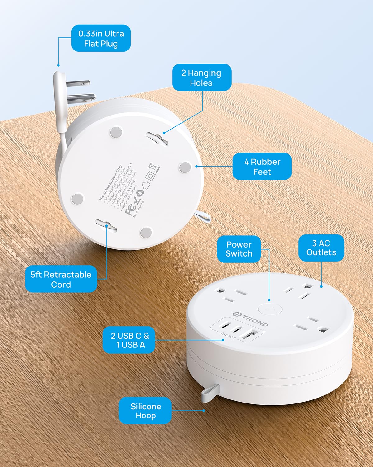 TROND Travel Power Strip - Retractable Extension Cord 5ft Ultra Thin Flat Plug, Retractable Power Strip with 3 AC Outlets 3 USB Ports (2 USB C), Cruise Ship Essentials, for Home Hotel Dorm Room, White