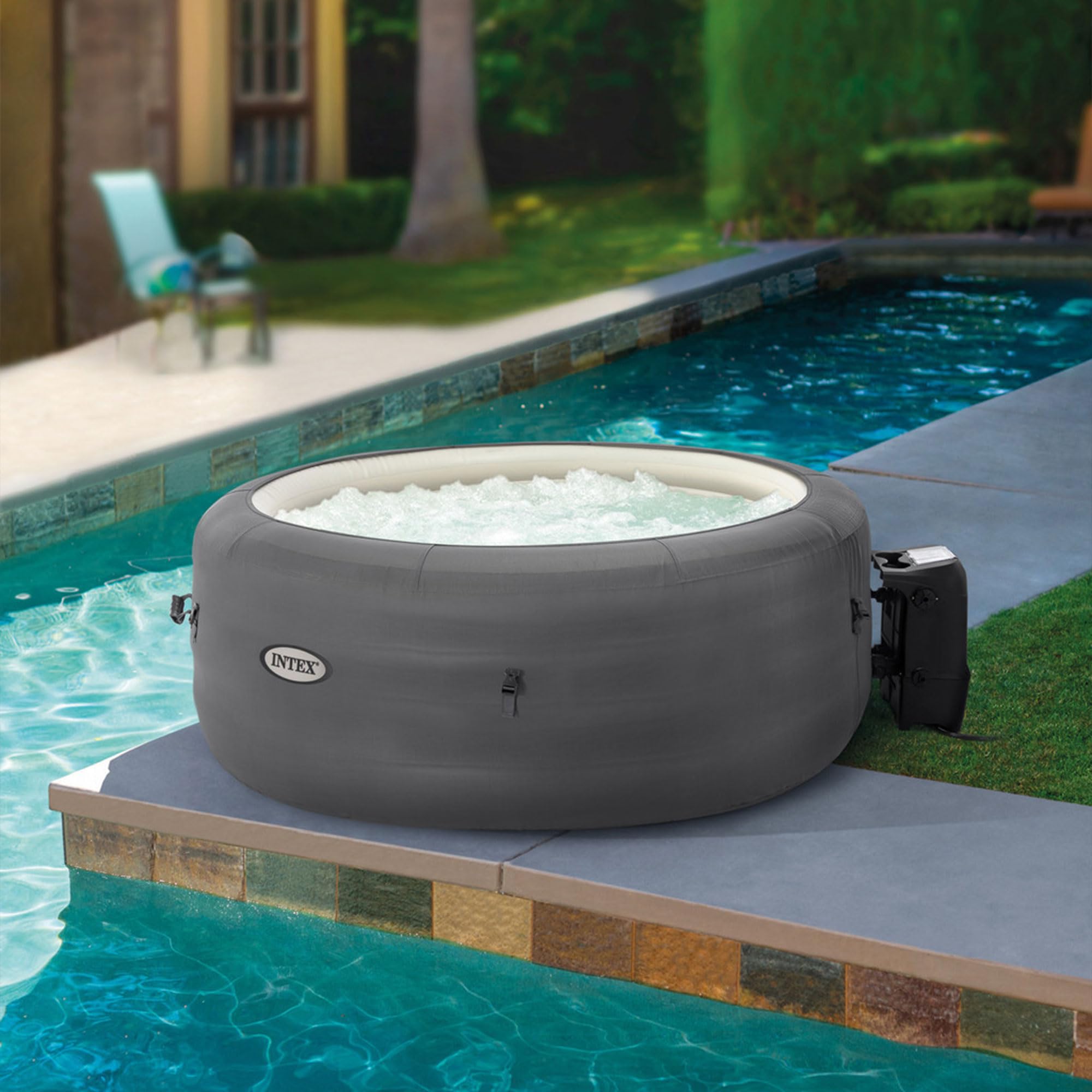 INTEX 28483E SimpleSpa Bubble Massage Spa: includes Insulated Cover – Built-in QuickFill Inflation – Soothing Jets – 4 Person Capacity – 77" x 26"