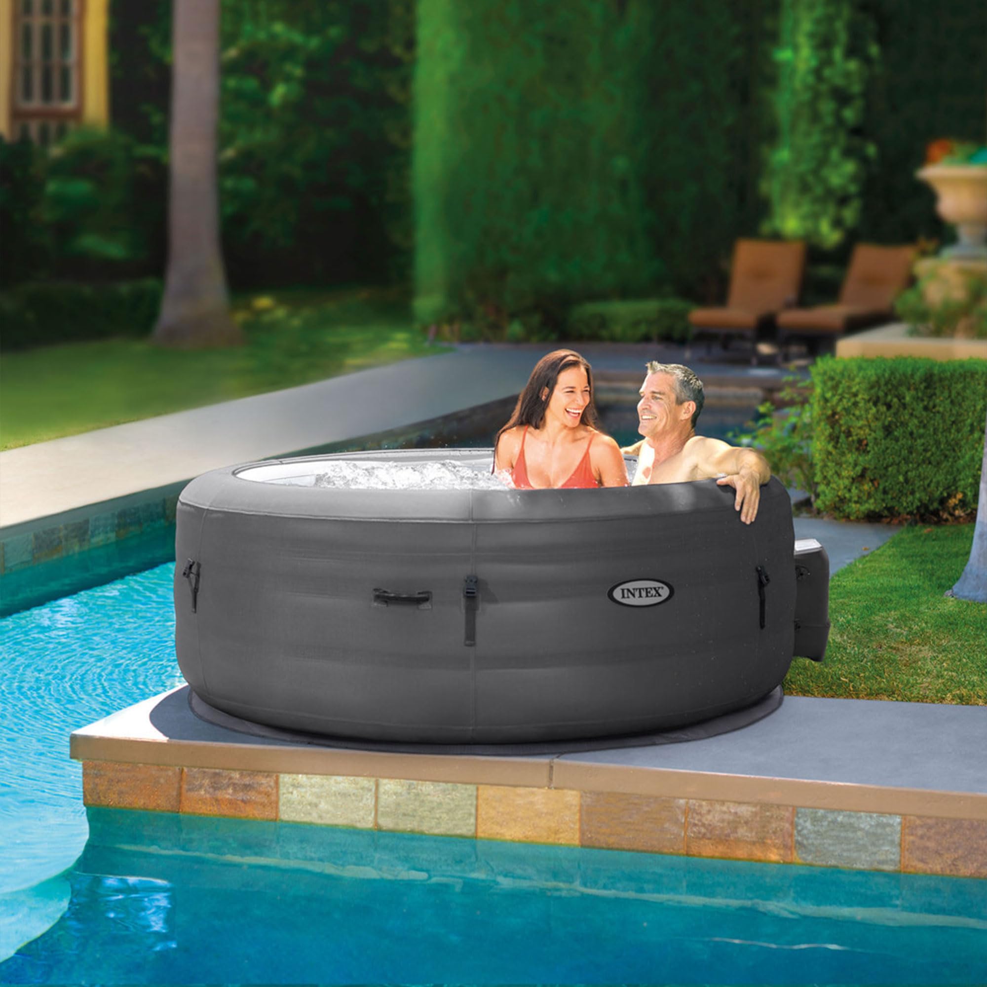 INTEX 28483E SimpleSpa Bubble Massage Spa: includes Insulated Cover – Built-in QuickFill Inflation – Soothing Jets – 4 Person Capacity – 77" x 26"