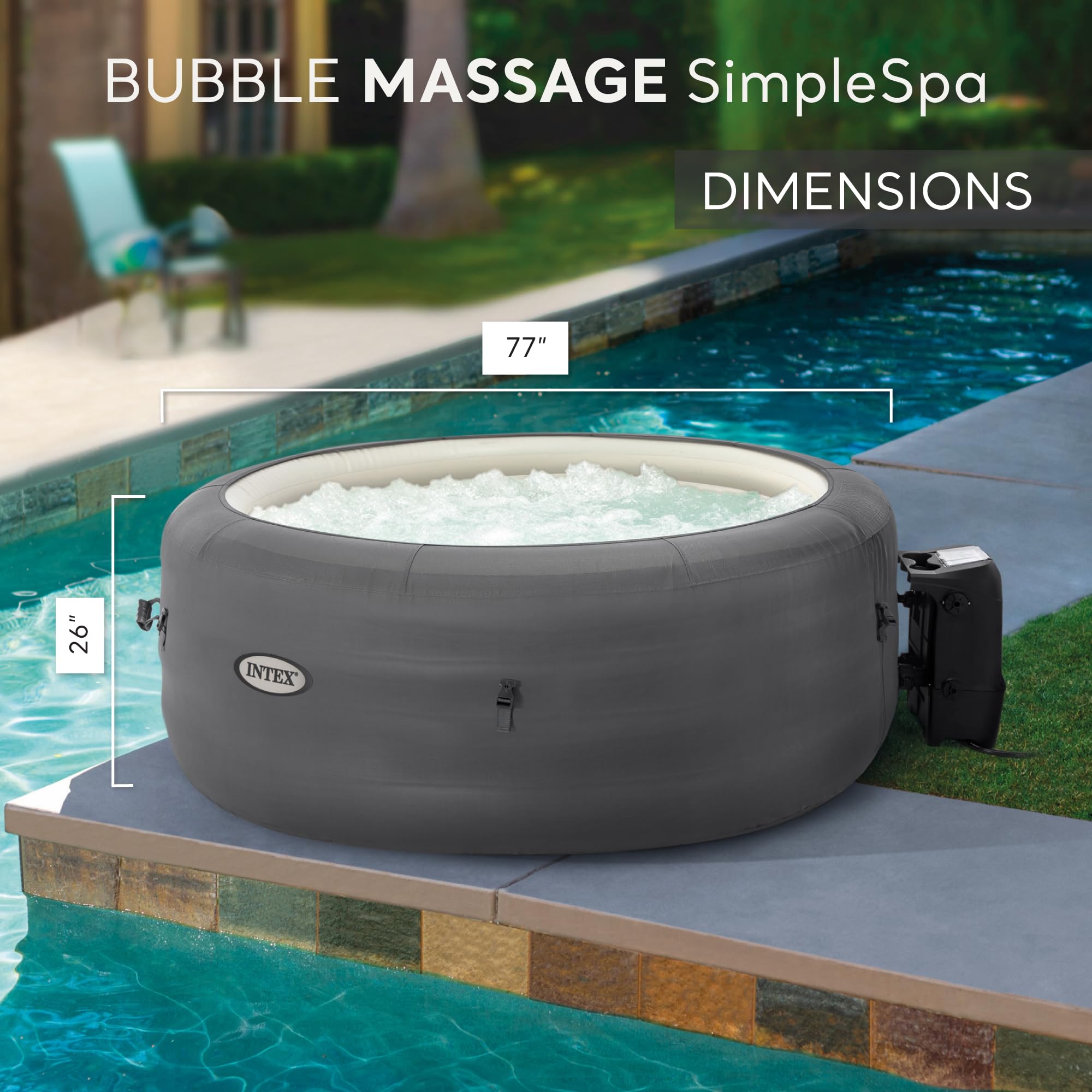 INTEX 28483E SimpleSpa Bubble Massage Spa: includes Insulated Cover – Built-in QuickFill Inflation – Soothing Jets – 4 Person Capacity – 77" x 26"