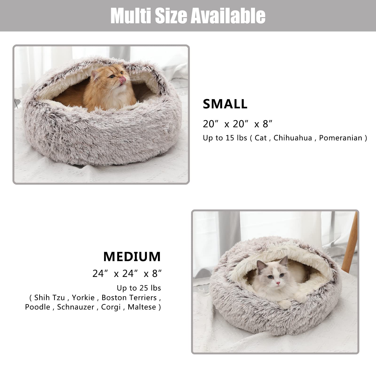 Calming Dog Beds & Cat Cave Bed with Hooded Cover,Removable Washable Round Beds for Small Medium Pets,Anti-Slip Faux Fur Fluffy Coved Bed for Improved Sleep,Fits up to 15/25 lbs(Medium,24"x24")