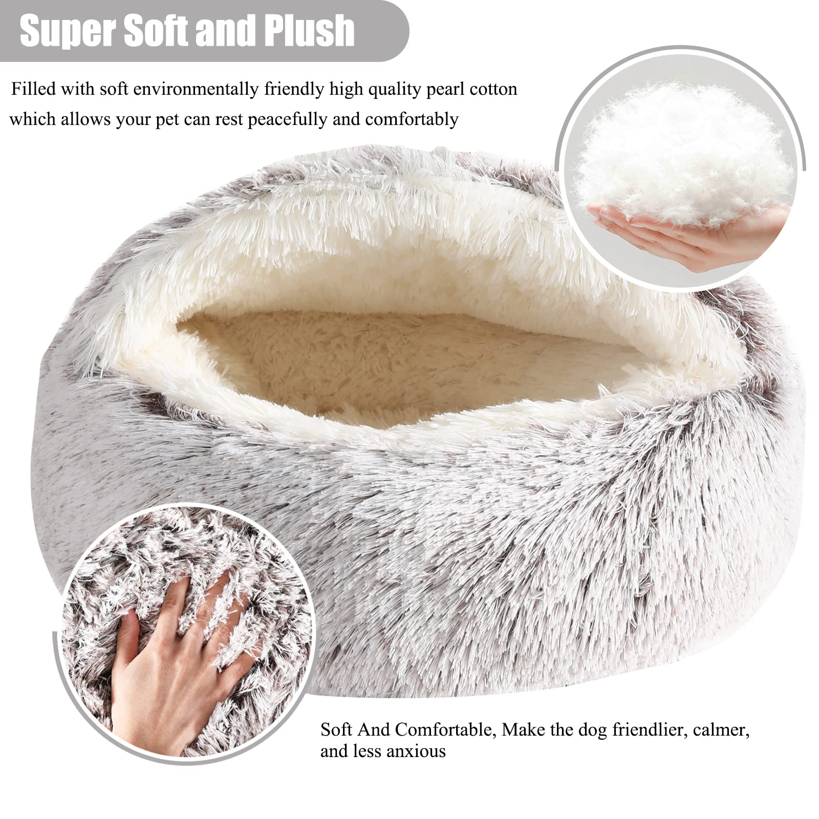 Calming Dog Beds & Cat Cave Bed with Hooded Cover,Removable Washable Round Beds for Small Medium Pets,Anti-Slip Faux Fur Fluffy Coved Bed for Improved Sleep,Fits up to 15/25 lbs(Medium,24"x24")