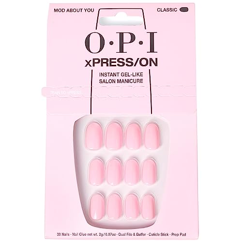 OPI xPRESS/ON Press On Nails, Up to 14 Days of Wear, Gel-Like Salon Manicure, Vegan, Sustainable Packaging, With Nail Glue, Short Pink Nails, Mod About You