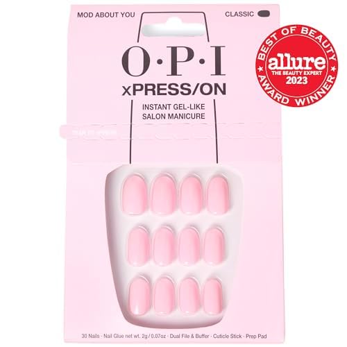 OPI xPRESS/ON Press On Nails, Up to 14 Days of Wear, Gel-Like Salon Manicure, Vegan, Sustainable Packaging, With Nail Glue, Short Pink Nails, Mod About You