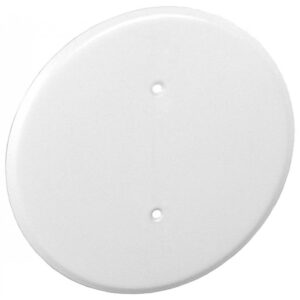 1 pc, 0.0276 thick white powder coated steel 8 in. ceiling blank-up cover, white, for raised ring or 3-1/2 in. round/octagon box for oversize box openings or drywall & plaster imperfections